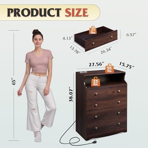 WLIVE LED Dresser for Bedroom, Tall Wood Dresser with 4 Drawers and Open Shelf, Chest of Drawers with Power Outlet for Living Room, Hallway, Closet, Rustic Brown - color: Brown, size: 4 Drawers