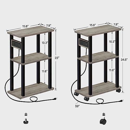 TUTOTAK Small Narrow Side Table with Charging Station, Set of 2 Skinny End Table for Small Spaces, Slim Nightstand with USB Ports and Outlet,Sofa Beside Table with Wheels, Greige TB01BG047 - color: Greige, size: 2 PC, style: With Plug