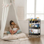 YASONIC 3 Tier Rolling Cart - Metal Utility Cart with Wheels, Hanging Cups, Hooks, Heavy Duty Mesh Rolling Storage Cart Organizer, Craft Cart for Kitchen Office, Lightweight and Sturdy - color: Black