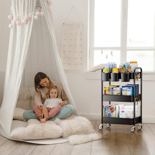 YASONIC 3 Tier Rolling Cart - Metal Utility Cart with Wheels, Hanging Cups, Hooks, Heavy Duty Mesh Rolling Storage Cart Organizer, Craft Cart for Kitchen Office, Lightweight and Sturdy - color: Black