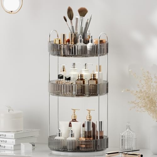 360° Rotating Makeup Organizer, Upgraded 3 Tier Skincare Perfume Organizers for Women, Bathroom Organizer Countertop, Clear Cosmetic Dresser Organizer with Makeup Brush Holder, Sink&Counter(Grey) - color: Grey, size: 3 Tier
