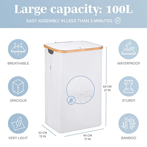 LONBET Laundry Basket with Lid, Made from Breathable Fabric | Aesthetic Clothes Hampers for Laundry with Side Handles & Sturdy Bamboo Frame (26 Gallons - Single, Light Gray) - color: Light Gray, style: 26 Gallons - Single