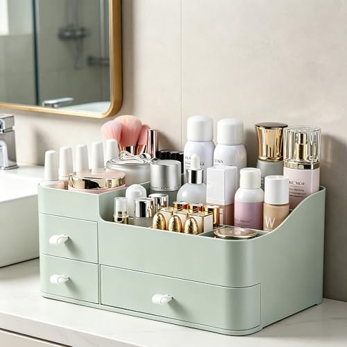 MIUOPUR Makeup Organizer with Drawers, Bathroom Counter Organizer, Plastic Cosmetic Display Case, Large Skincare Storage for Vanity Countertop, Ideal for Bedroom Dresser top and Desktop - color: Fresh Green