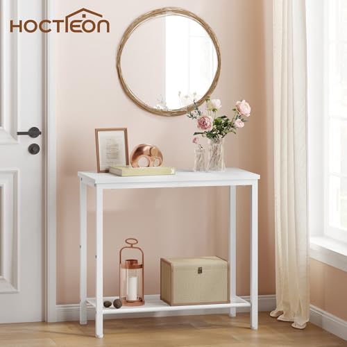 Hoctieon 2 Tier End Table, Sofa Side Table, Narrow Side Table with Storage, Slim Nightstand for Small Spaces, Metal Frame, for Living Room, Bedroom, Sofa Couch, Hall, White - color: White, size: 1 Pack
