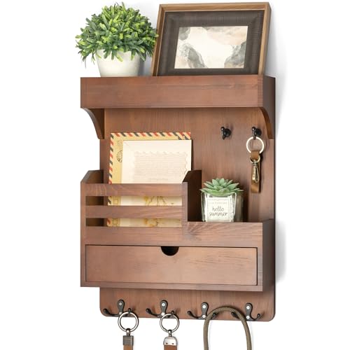 Rebee Vision Farmhouse Key Holder Wall Mount with Drawer Organizer – Pine Wooden Mail and Key Organizer for Wall with 6 Sturdy Hooks & Floating Shelf – Perfect for Retro Living Room Decor (Brown) - color: Brown, style: Large Drawer
