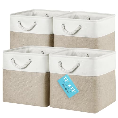 OrganiHaus 12x12 Cube Storage Bins 4 Pack, Foldable Cube Storage Organizer w/ Rope Handles, Collapsible Fabric Bins for Toys, Clothes & Closet Organization, Fabric Square Baskets - Beige/White - color: Beige Base / Off-White, size: 4 pcs (12x12)