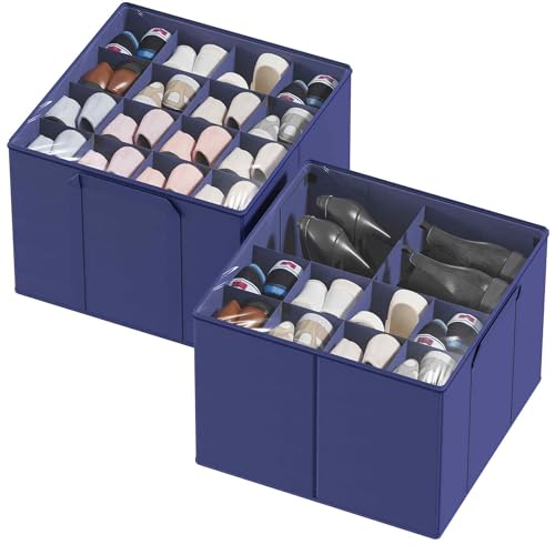 SpaceAid Shoe Organizer for Closet, 2 Pack Foldable Shoe Storage Containers Baskets Boxes Bins w/Adjustable Dividers, Fits 16-32 Pairs, Blue - color: Blue