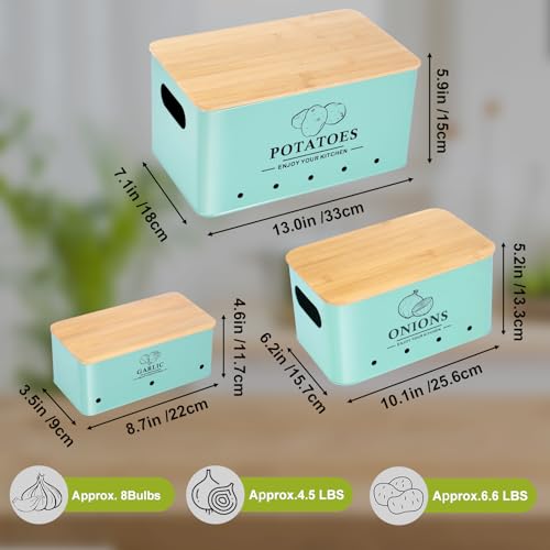 Kitchen Vegetable Storage Set of 3, Metal Onion Garlic Potato Storage Set, Kitchen Canisters Vegetable Keeper Containers with Aerating Holes and Wooden Lid (Blue) - color: Blue