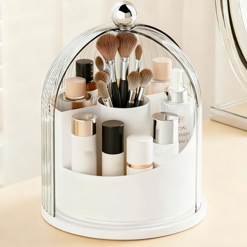 Makeup Brush Holder Organizer with Lid,360° Rotating Makeup Organizer Countertop,5 Compartments Make Up Brush Organizers for Makeup Brushes,Cosmetics,Skincare,Nail Polish,Toothbrush,Dustproof - color: White-Small