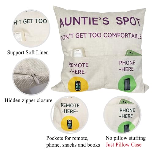ZUYUROU Auntie Gifts,2-Pocket Auntie’s Spot Throw Pillow Covers 18x18 Inch + Engraved Spoon, Mothers Day Birthday Christmas Thanksgiving Day Gifts for Auntie Aunt - color: Auntie