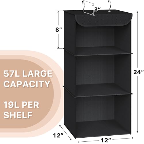 Simple Houseware 3-Shelf Hanging Closet Organizer, Fabric Storage Shelves with 57L Capacity, Black - color: Black