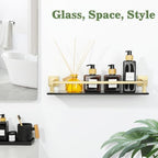 Alise Bathroom Glass Shelf with Stainless Steel Railing, Gold Small Tempered Glass Floating Wall Shelf Over The Toilet, 16 inch - color: Gold and Black, size: 16 Inch