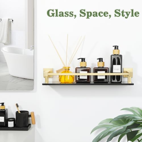 Alise Bathroom Glass Shelf with Stainless Steel Railing, Gold Small Tempered Glass Floating Wall Shelf Over The Toilet, 16 inch - color: Gold and Black, size: 16 Inch