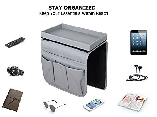 Anti Slip Armchair Caddy w/Detachable Wooden Snack Tray PU Leather Armrest Cup Holder Couch Arm for Recliner w/ 1 Big Pocket, 3 Small Pockets, Remote Control (Med Dark Grey), 10.5Wx30L - color: Medium Dark Grey