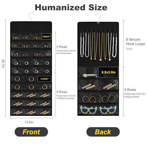 Hanging Jewelry Organizer with Multi-size pockets Double-Sided Jewelry Holder for Earrings, Necklaces, Rings on Closet, Wall, Door,Jewelry Organizer Hanging for Closet, Black - color: black