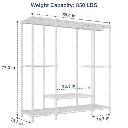 Ulif E3 Heavy Duty Garment Rack, 4 Tiers Freestanding Closet Organizer System with 5 Shelves, Metal Closet Organizer and Storage System for Clothes, Max Load 850lbs, 58.4"W x 15.7"D x 77.3"H, White - color: White