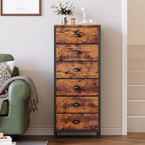 Furnulem Tall Dresser with 6 Drawers,Vertical End Table and Nightstand for Bedroom,Industrial Dorm Bedside Furniture with Fabric Storage Drawer Organizer in Living Room,Closet,Entryway(Rustic Brown) - color: Rustic Brown, size: 11.5"D x 16"W x 39.6"H (6 D
