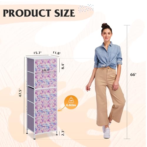 WLIVE Fabric Dresser, 5-Drawer Tall Dressers for Bedroom, Storage Dresser Organizer with Fabric Bins, Wood Top, Sturdy Steel Frame, Chest of Drawers for Closet, Tie-dye Print (Pink, Purple, Blue) - color: Tie-dye Purple Print