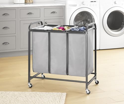 Whitmor Triple Laundry Sorter - 3 Removable Bags with Easy-Grip Handles - Rolling Laundry Sorter - Grey - size: 3 Section A，Grey