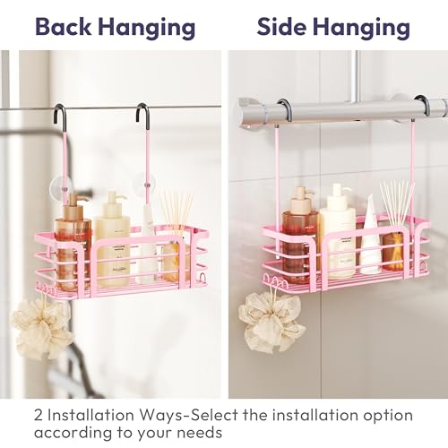 SWTYMIKI Shower Caddy Hanging Organizer - Over the Door Shower Caddy with 6 Hooks, 2 Installation Ways, Stainless Steel Rustproof Bathroom Organizer, Pink Small - color: Pink-1 tier