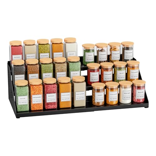BOIVSHI Spice Organizer, Spice Rack for Expandable 3-Tier, Spice Organization for Cabinet Expandable Width and Adjustable Height, Seasoning Organizer for Cabinet, Countertop, Pantry, Black - color: Black