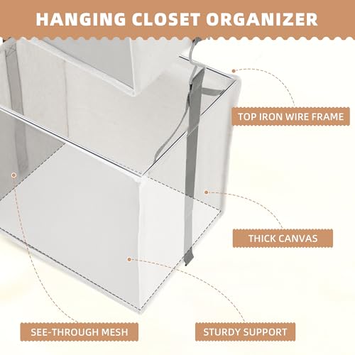 STORAGE MANIAC 2-Shelf Hanging Closet Organizer, Cloth Hanging Closet Shelf, Hanging Closets Baskets with Hooks for Dorm, Apt, Bedroom, College, Garment Rack, Wardrobe, Fabric with Mesh, Ivory - style: Ivory