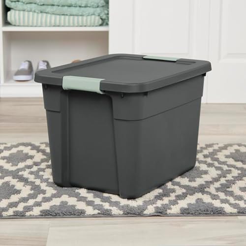 Sterilite 6-Pack Latch Tote, Stackable Plastic Storage Container Bins with Lids, 12 Gallon, Gray/Green - Latching Boxes for Bedroom, Bathroom, Garage, and Office Organization