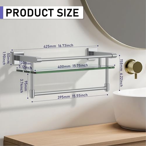 Glass Shelf for Bathroom 16 in Bathroom Shelves with Towel Bar Tempered Glass Shelves with Stainless Steel Towel Holder for Wall (Chrome Polished) - color: Chrome Polished, size: 16-inch with Railing