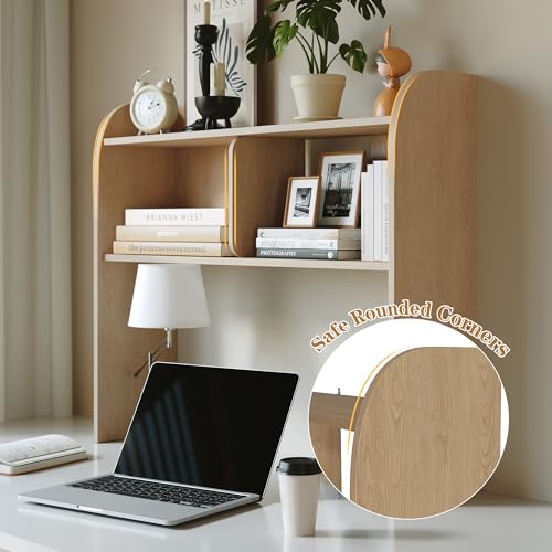 Wooden Desktop Bookshelf, 37" 3-Tier Rounded-Edge Desk Storage Organizer, Space-Saving Countertop Shelf for Office Dorm Home, Burlywood - color: Oak
