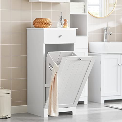 SoBuy Slim Tilt-Out Laundry Hamper Cabinet, Smal Pull-Out Bathroom Storage Unit with Shelf&Drawer, Narrow Hidden Basket Chest Bath Cupboard, White BZR21-W