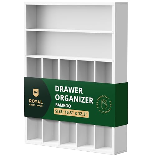 ROYAL CRAFT WOOD Luxury Bamboo Kitchen Drawer Organizer - Silverware Organizer - Utensil Holder and Cutlery Tray with Grooved Drawer Dividers for Flatware and Kitchen Utensils (7 Slot, White) - color: White, size: 7 Slot