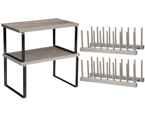 Marsui 4 Pcs Kitchen Organizer Accessories Set Cabinet Organizer Shelf and Bamboo Dish Drying Plate Rack Counter Shelves Storage Holder for Spice Rack, Dish, Pot Lid, Bowl, Cup (Gray) - color: Gray