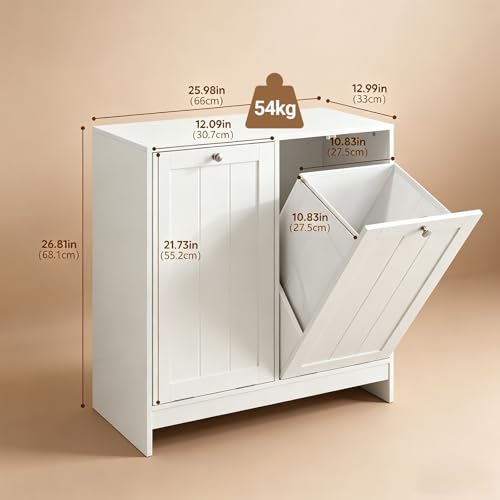Haotian Tilt Out Trash Can Cabinet, Hidden Trash Can Cabinet with 2 Removable Bags, Double Laundry Hamper Cabinet, Narrow Storage Organizer for Kitchen, Bathroom, and Bedroom White DJ BZR001