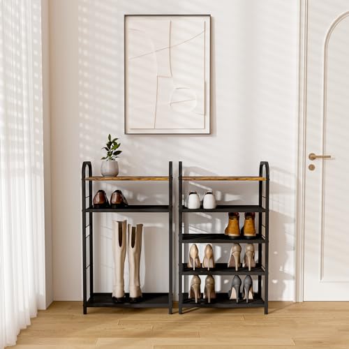 Shoe Rack, 5-Tier Shoe Organizer with Guardrails, Heavy-Duty Metal Mesh Shelves & Rustic Wooden Top for Stylish Closet & Front Door Storage - size: 17.32" X 10.24" X 29.33"