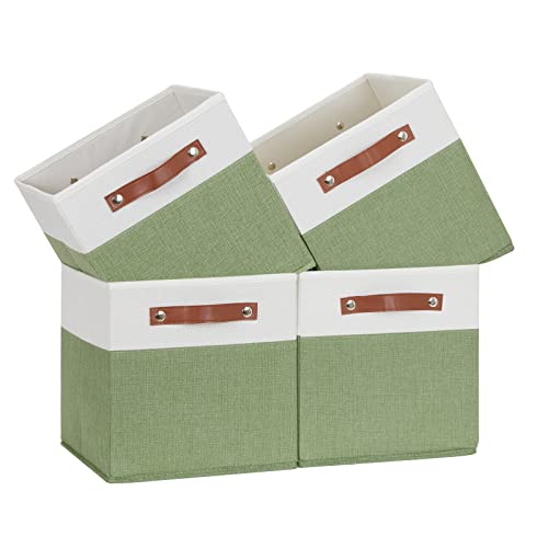Temary Fabric Storage Bin 11x11 Cube Storage Bins for Home, 4 Pack Fabric Organizer Bins Cube Organizer Bins with Leather Handles Decorative Storage Bins for Shelf (White&Green) - color: White&Green, size: 11×11×11