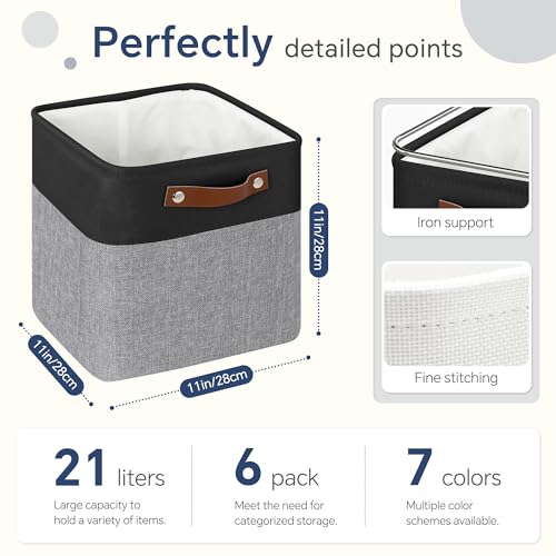 FinishingBo Cube Storage Baskets 6 Pack, 11x11 inch Cube Storage Bins with Leather Handles for Shelf Closet (Black/ Gray) - color: Black/ Gray