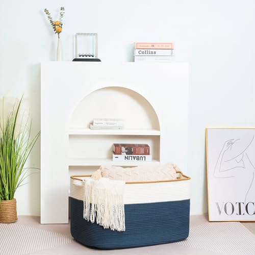MINTWOOD Design 22in Extra Large Blanket Basket Holder Living Room, Rectangle Rope Woven Storage Basket with Handles for Laundry, Pool Towels, and Shoes, Dog Toy Organizer Bin Box, Prussian Blue - color: Prussian Blue