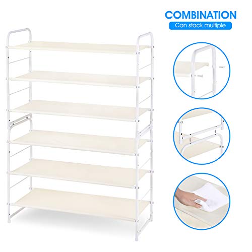 Simple Trending 3-Tier Stackable Shoe Rack, Expandable & Adjustable Fabric Shoe Shelf Storage Organizer, White - color: White, size: 3 Tiers, White