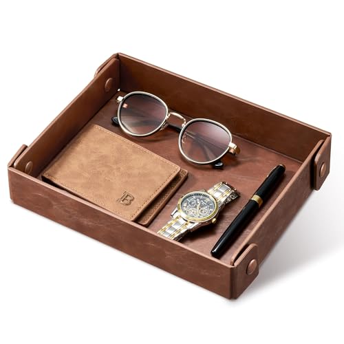 Catch All Valet Tray - EDC Organizer for Key, Wallet, Watch, Jewelry, Phone, coin change | Faux Leather Storage Tray for Dresser, Nightstand, Desk, Entryway, Travel Storage | Brown - color: Brown