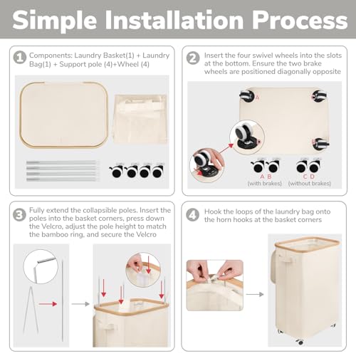 Goodpick Laundry Basket with Wheels, Large Laundry Hamper with Lid 100L Clothes Hamper with Removable Laundry Bag Collapsible Dirty Clothes Basket for Laundry Room, Bedroom, Beige - color: Beige, size: 100L (17.3"L x 13"W x 29.5"H)