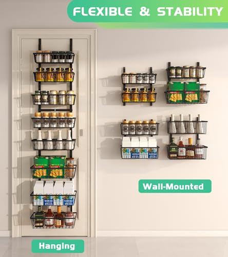 Mefirt 12 Inch Wide Narrow Over The Door Pantry Organizer, Pantry Organization and Storage, Black 8-Tier Metal Hanging Deep Basket Wall Spice Rack Seasoning Shelves, Home & Kitchen Essentials - color: Black, size: 8-Tier (12"W)