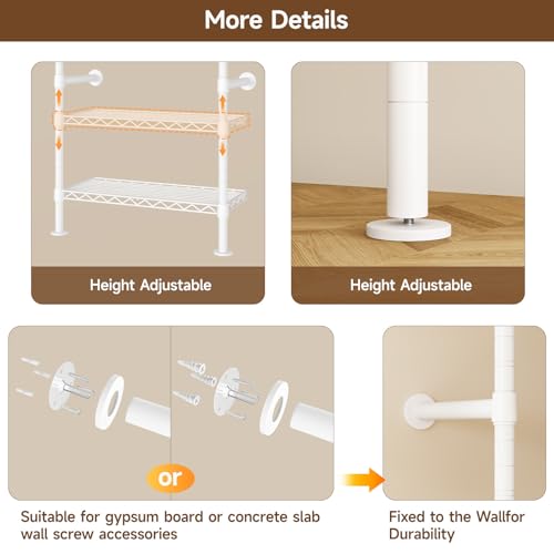 H6 Wall Mounted Closet System, Industrial Pipe Clothes Rack Clothing Racks with 6 Telescopic Rods & 3 Fixing Rods & 9 Shelves, Heavy Duty Closet Organizers and Storage in Wardrobe Closet (White) - color: White