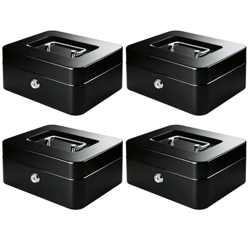 KYODOLED Metal Cash Box with Key Lock & Money Tray - Secure Safe for Home, Office & Events, Ideal for Cash, Meds & Small Items, 7.87" x 6.30" x 3.35", Black, 4 Pack - color: Black-4PACK, size: Medium