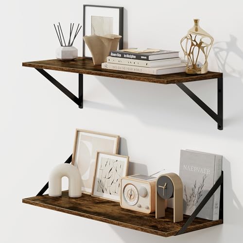 Fun Memories Deep Floating Shelves for Wall, 24W x 8D Wall Mounted Shelves Set of 2, Wide Display Ledge Shelf with Sturdy Metal Brackets for Living Room, Bathroom, Bedroom and Kitchen, Rustic Brown - color: A-rustic Brown, size: 24"W x 8"D