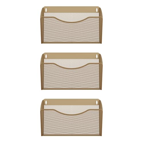 EasyPAG 3 Pack Wall File Organizer, Metal Mesh Hanging File Folder Holder for Letter/A4 Size Folders, Vertical Wall Mount Mail Sorter for Office Paperwork, Classroom, Gold - color: Gold