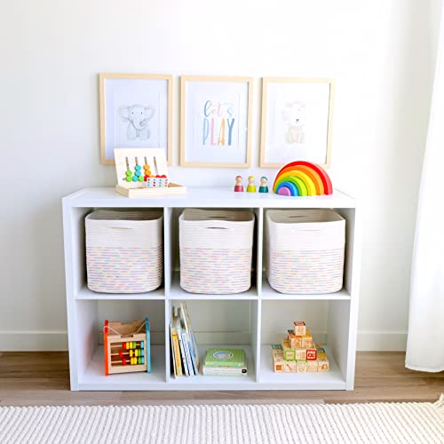 NaturalCozy Storage Cubes 11 Inch Cotton Rope Woven Baskets for Organizing, 3-Pack | Cube Storage Bin | Square Storage Baskets for Shelves Organizer, Classroom, Kids Toy Bins, Closet, Baby Nursery - color: Off White & Rainbow Stitching