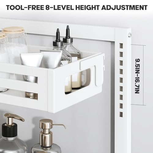 1 Pack Under Sink Organizer,Pull Out Cabinet Organizer with Smooth Cylindrical Rail,Metal Slide Out Drawer for Kitchen Bathroom Laundry Cabinet,8-Level Tool Free Height Adjustable-White - color: White, size: 1 Pack-15"Dx9.5"-16.7"H