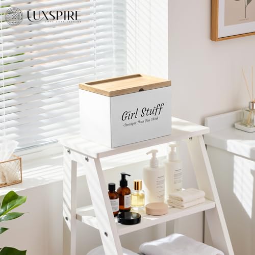 Luxspire Tampon Holder for Bathroom - Discreet Feminine Product Organizer with Lid & Wood Pad, Shark Week Tampon Storage Box, Stylish Girl Stuff Organizer for Bathroom, White - color: White