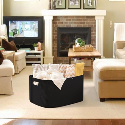 OIAHOMY XXLarge Rectangle Blanket Basket-96L, Cotton Woven Basket for Storage, Dirty Clothes Baskets for Living Room, Nursery, Bedroom, Toy Organizing with Handle, 24" x 16" x 15", Charcoal Black - color: Charcoal Black, size: 24”x16”x15”