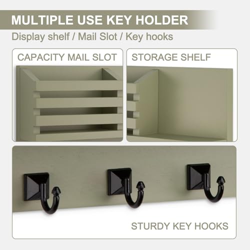 Key Holder Wall Mount, Mail Organizer for Wall with 5 Square Rustic Key Hooks Key Shelf Farmhouse Home Decor for Entryway - color: Sage Green